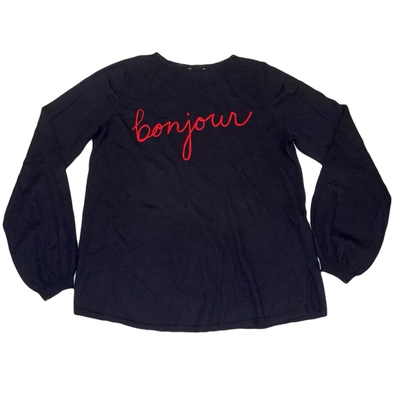 Joie Jenris Women’s "Bonjour" "Au Revoir" Embroidered Sweater Fits Like S/M - Picture 3 of 7